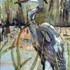 Heron In The Reeds - Water Color And Wax Paintings - By Bonnie Olendorf, Batik On Rice Paper Painting Artist