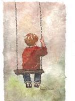 Boy On A Swing - Water Color And Wax Paintings - By Bonnie Olendorf, Batik On Rice Paper Painting Artist