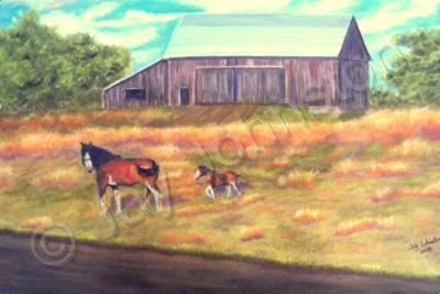 Landscape - Horses And Barn - Pastel