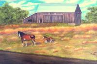 Landscape - Horses And Barn - Pastel