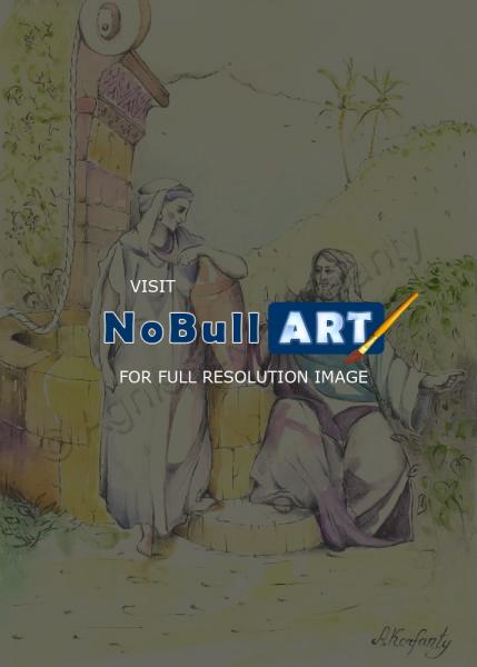 Illustrations - Jesus And Woman Of Samaria - Watercolor