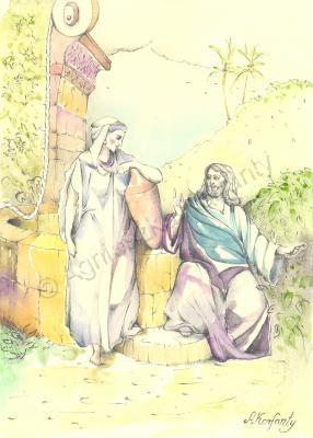 Illustrations - Jesus And Woman Of Samaria - Watercolor