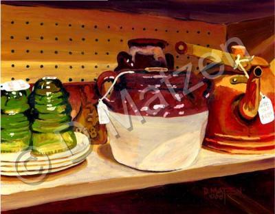 Jumble Sale Treasures - Beanpots And Teapots - Oil On Board