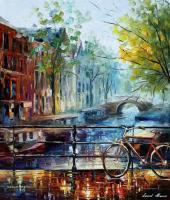 Bicycle In Amsterdam  Palette Knife Oil Painting On Canvas - Oil Paintings - By Leonid Afremov, Fine Art Painting Artist