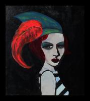 The Green Hat With Red Feather - Acrylic Paintings - By Jet Whitt, Symbolistrepresentational Painting Artist