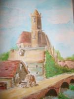 Over The Bridge - Watercolors Paintings - By Oscar Galvan, Impressionism Painting Artist