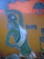 At The Tea-Stall - Acrylic On Canvas Paintings - By Santanu Nandan Dinda, Indian Contemporary Painting Artist