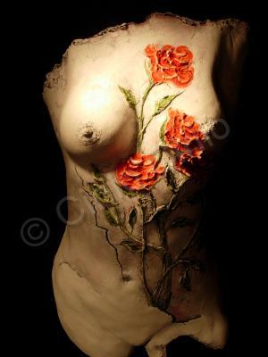 Sculpture - Nude Girl Whit A Roses On Her Breast - Bronse Patina On Indoor Castin