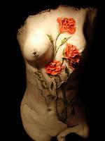 Sculpture - Nude Girl Whit A Roses On Her Breast - Bronse Patina On Indoor Castin