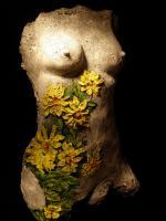 Nude Girl Life Size Torso With Flowers - Bronse Patina On Indoor Castin Sculptures - By Cirilo Cirilo, Classical Modern Sculpture Artist