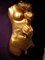 Sculpture - Nude Life Size Girls Torso With Rose - Bronse Patina On Indoor Castin