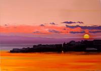 Sunset On The Citadel Of Ajaccio In Corsica - Oil On Canvas Paintings - By Martin Alain, Figurative Painting Painting Artist