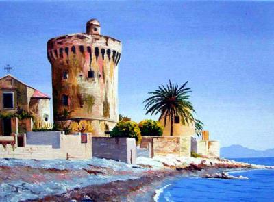 Seascape - Miomo Genovese Tower In Corsica - Oil On Canvas