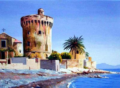 Seascape - Miomo Genovese Tower In Corsica - Oil On Canvas