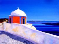 Agios Stylianos Church Santorin Island Greece - Oil On Canvas Paintings - By Martin Alain, Figurative Painting Painting Artist
