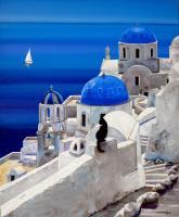 A Cat At Oia Santorin Island Greece - Oil On Canvas Paintings - By Martin Alain, Figurative Painting Painting Artist