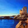 Sunset On The Genovese Tower Of Erbalunga In Corsica - Oil On Canvas Paintings - By Martin Alain, Figurative Painting Painting Artist
