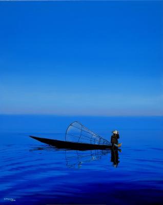 Seascape - Intha Fisherman On Inle Lake Birmania - Oil On Canvas