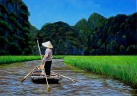 Sampan Sur La Rivire Ngo Dong  Tam Coc - Baie Dha-Long Te - Oil On Canvas Paintings - By Martin Alain, Figurative Painting Painting Artist