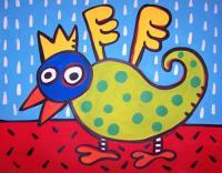 Jelene Pop-Toons - Large 22 X 28 Acrylic Bird On Paper In Green Frame - Paper