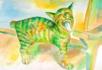 My Moms Little Cat - Water Colour On Paper Paintings - By Ipung Purnomo, Expressionism Painting Artist