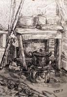 Fireplace - Pencil And Conte On Paper Drawings - By Ipung Purnomo, Realism Drawing Artist