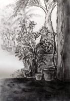 A View From The Door - Charcoal On Paper Drawings - By Ipung Purnomo, Realism Drawing Artist