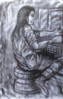 A Girl Drawing - Charcoal On Paper Drawings - By Ipung Purnomo, Expressionism Drawing Artist