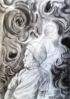 Sitting And Working - Charcoal On Paper Drawings - By Ipung Purnomo, Expressionism Drawing Artist