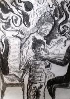 Lunch With Mom And Dad 2 - Charcoal On Paper Drawings - By Ipung Purnomo, Expressionism Drawing Artist