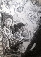 Lunch With Mom And Dad 6 - Charcoal On Paper Drawings - By Ipung Purnomo, Expressionism Drawing Artist
