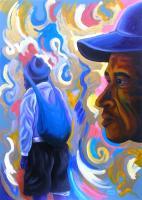A Man And Woman In Blue Hats - Acrylic On Canvas Paintings - By Ipung Purnomo, Expressionism Painting Artist