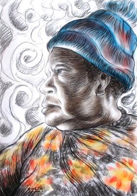 Papuan Figures - A Woman In A Wooly Hat - Mixed Media On Paper