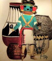 Kachina And Pottery - Colored Pencil Drawings - By Robert Nowlin, Realism Drawing Artist