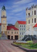 Banska Bystrica - The Clock Tower - Acrylics Paintings - By Erika Kohutovic, Landscape Painting Artist