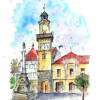 Clock Tower In Banska Bystrica - Watercolor Paintings - By Erika Kohutovic, Landscape Painting Artist