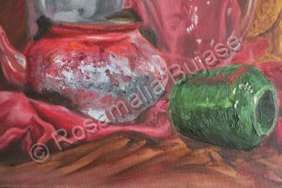 Still Life - Pot And Vase On Red Silk - Oil On Canvas