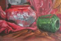 Still Life - Pot And Vase On Red Silk - Oil On Canvas