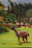 Animals - Llamas In San Pablo Del Lago - Oil On Canvas