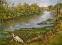 Egret At Blanchard Park - Oil On Canvas Panel Paintings - By Rosamalia Bujase, Impressionism Painting Artist