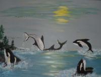 Killer  Whales At Play - Acyclic Paintings - By Craig Cantrell, Animala In Nature Painting Artist