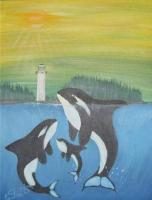 Family Of Whales At Light House - Acyclic Paintings - By Craig Cantrell, Animala In Nature Painting Artist