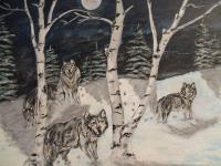 Wolfs In The Moon Light - Mixed Medium Paintings - By Craig Cantrell, Animala In Nature Painting Artist