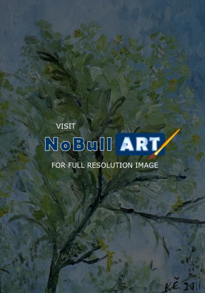 Nature - A Branch With Leaves - Oil On Canvas