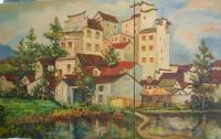 Village Hotel - Oil On Canvas Paintings - By Min W, Traditionallandscape Painting Artist