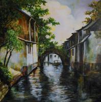 Village Canal Frame 1 - Oil On Canvas Paintings - By Min W, Impressionism Painting Artist