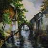 Village Canal Frame 1 - Oil On Canvas Paintings - By Min W, Impressionism Painting Artist