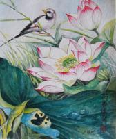 Lotus Flower Pond - Water Color Paintings - By Min W, Wild Life  Nature Painting Artist