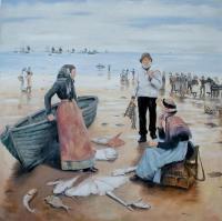 Fish Sale On A Cornish Beach - Oil On Box Canvas Paintings - By Pamela Usher, Traditional Painting Artist