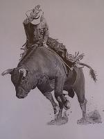 Lone Bull Rider - Pencil  Paper Drawings - By Mike Guerrero, Black And White Drawing Artist